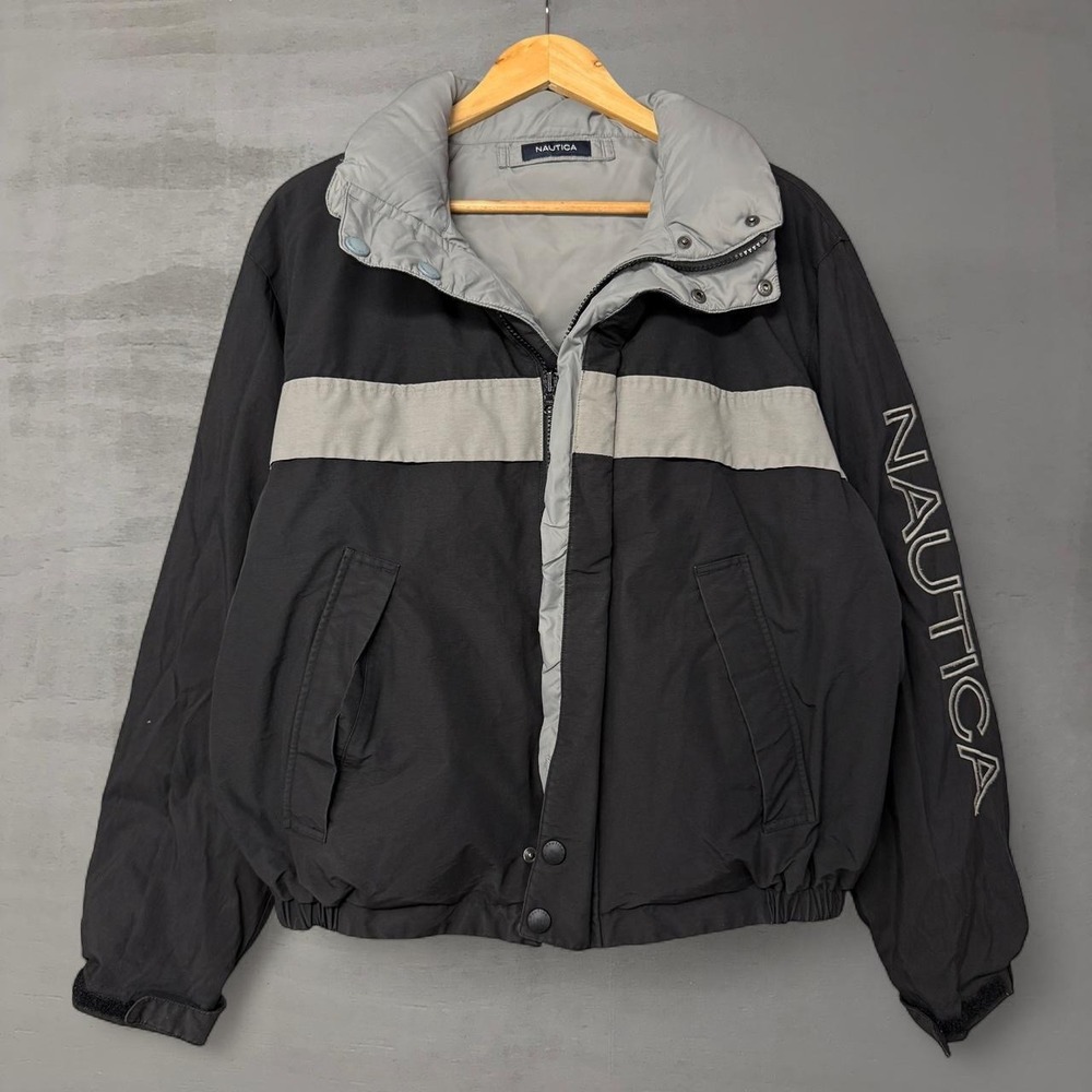 Vintage Nautica Reversible Puffer‎ Jacket Black Grey Embroidered Logo XL